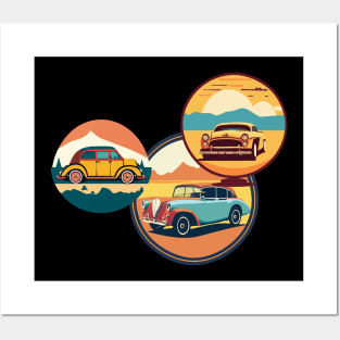 t-shirt design featuring a vintage car with a scenic landscape in the background, detailed illustration, and retro style2 Posters and Art